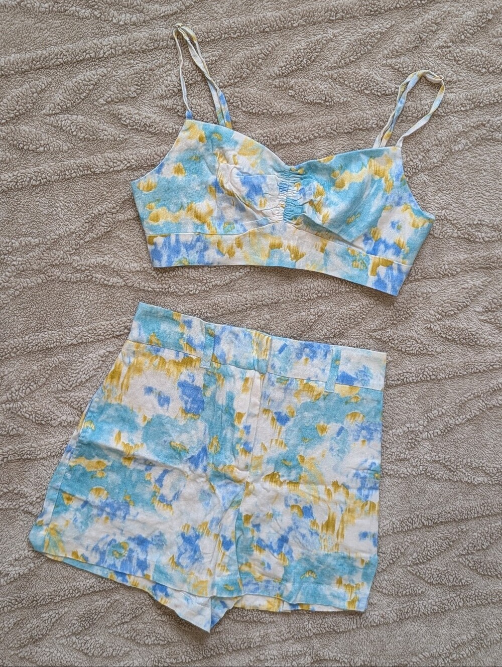 Christian LaCroix Linen Set Crop Top High Waist Shorts Watercolor XS